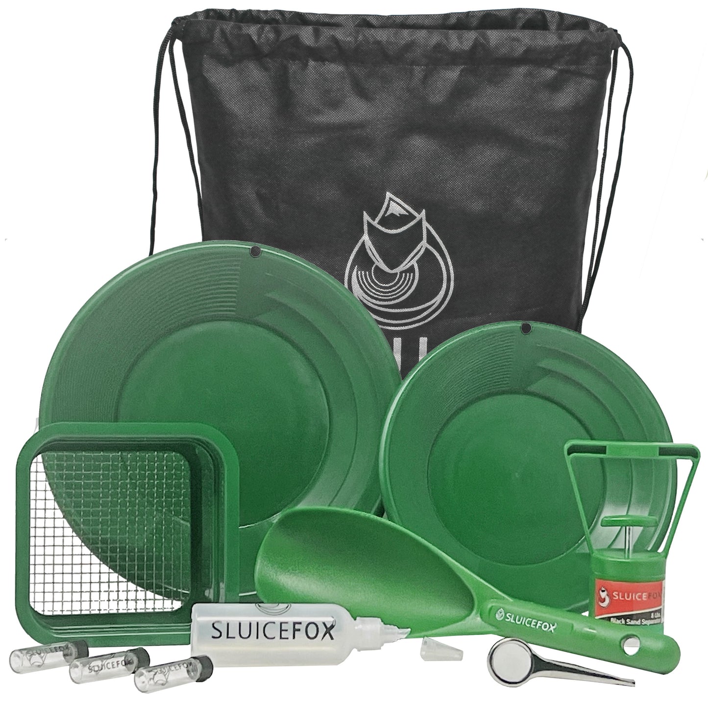 Sluice Fox backpack gold prospecting kit with classifier: Two spiral gold pans, plastic gold shovel or pay dirt scoop and black sand gold separator magnet