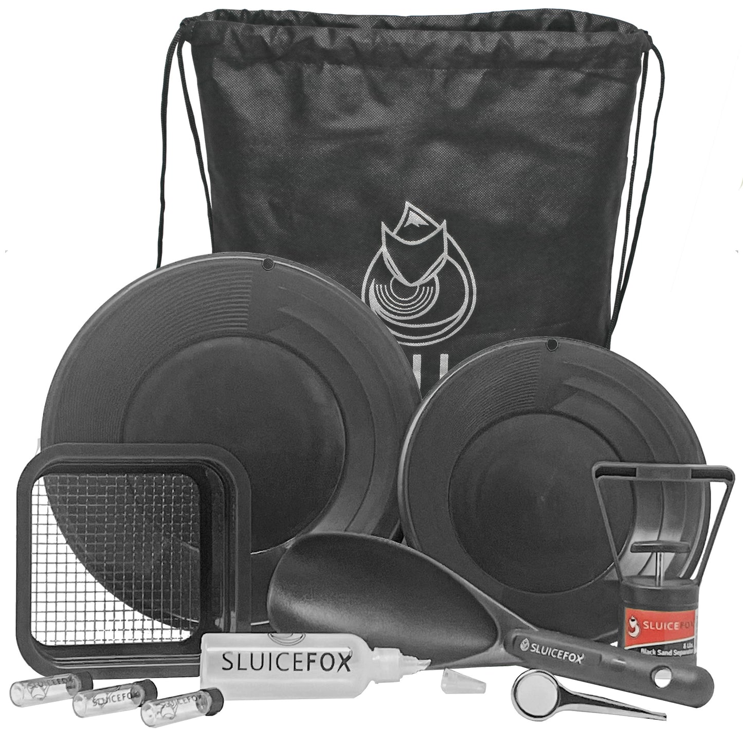 Sluice Fox backpack gold prospecting kit with classifier: Two spiral gold pans, plastic gold shovel or pay dirt scoop and black sand gold separator magnet