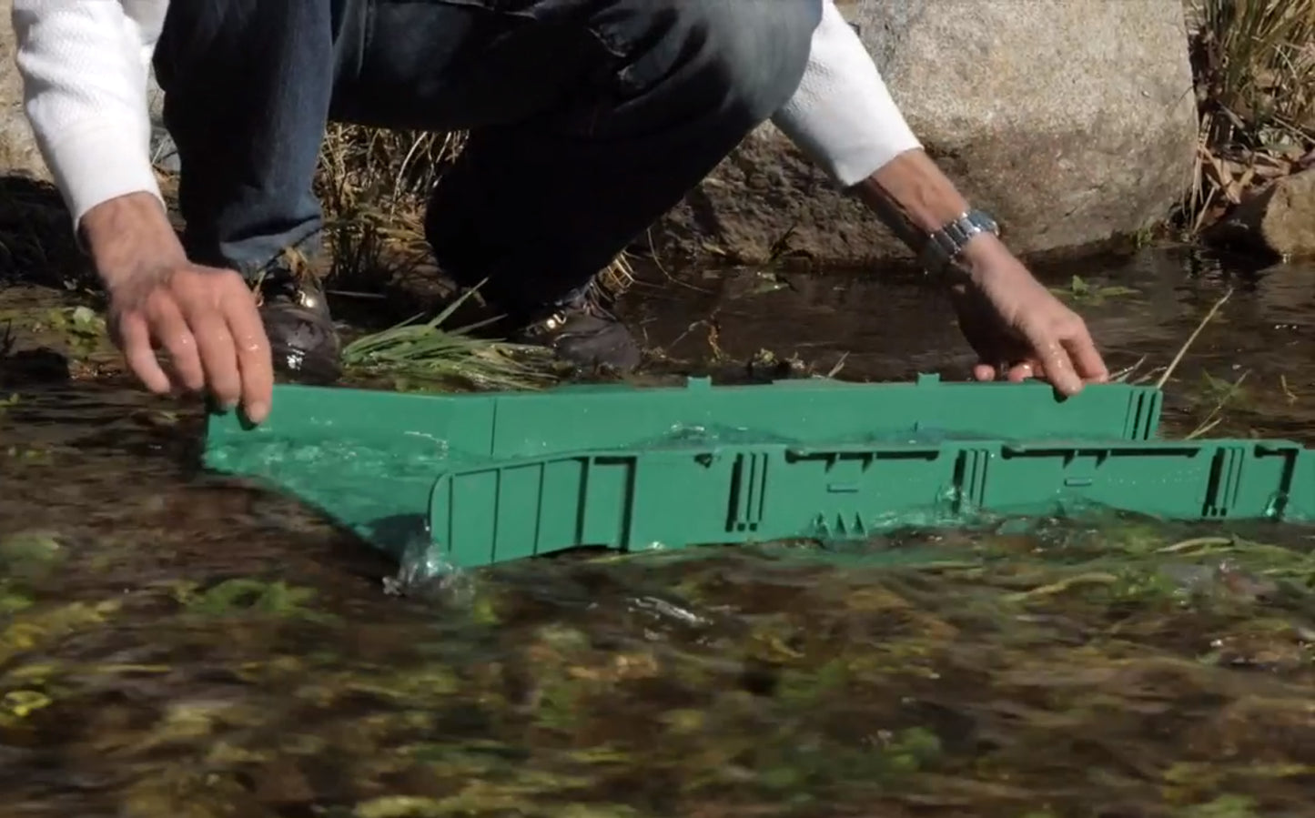 Sluice Fox 36 inch portable sluice box for gold prospecting; Gold classifier mount at sluice box header. Backpack sluice box with pay dirt bucket sifter