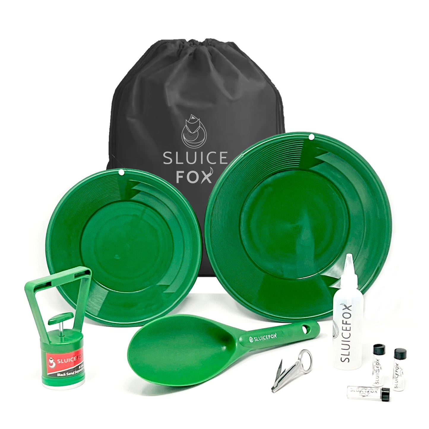 Gold rush panning kit with carry bag; 10-piece prospecting tools for adults and kids. Gold pan accessories; Black sand magnet, plastic gold shovel, snifter bottle, tweezers and gold vials