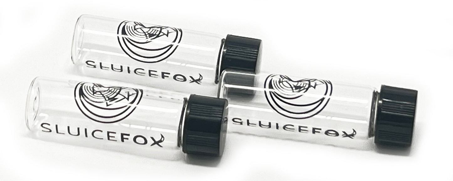 Sluice Fox Glass Vial for gold panning kits (15 pack); 2 inch glass water tight vial for storing and displaying gold nuggets, flake and fines; prospecting tools for gold mining