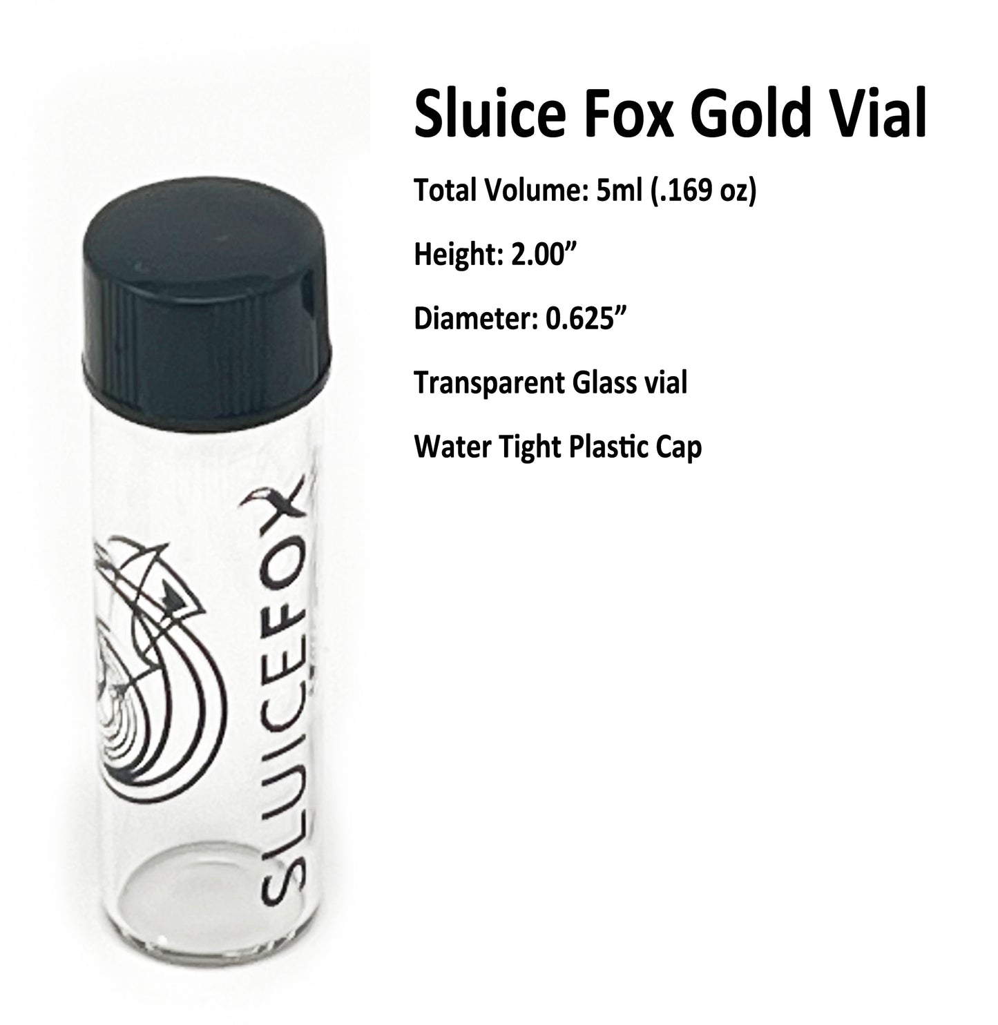 Sluice Fox Glass Vial for gold panning kits (15 pack); 2 inch glass water tight vial for storing and displaying gold nuggets, flake and fines; prospecting tools for gold mining