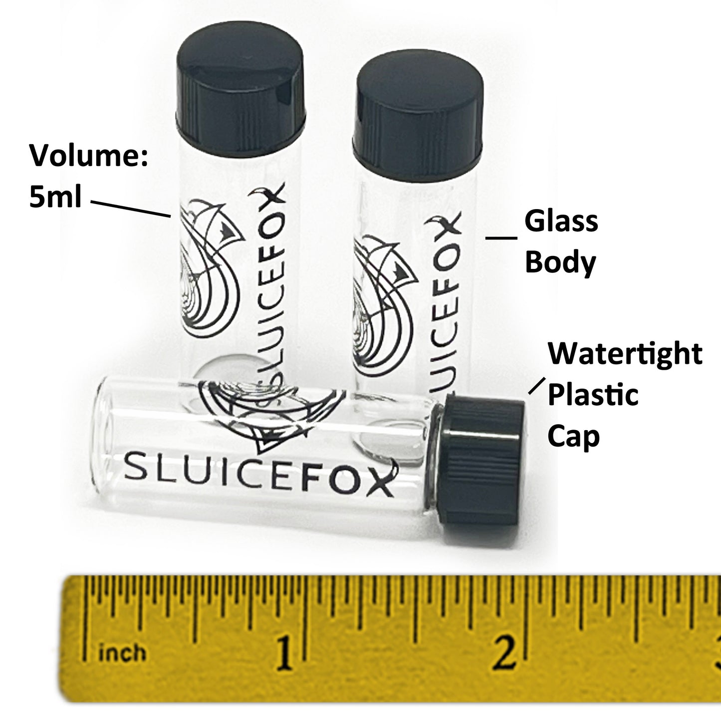 Sluice Fox Glass Vial for gold panning kits (15 pack); 2 inch glass water tight vial for storing and displaying gold nuggets, flake and fines; prospecting tools for gold mining