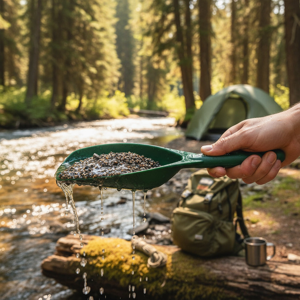 Compact Gold Prospecting Kit with 12" Pocket Sluice Box – Includes Miner’s Moss, Gold Trap Mat, Classifier Pan, Vials, and Tote Backpack