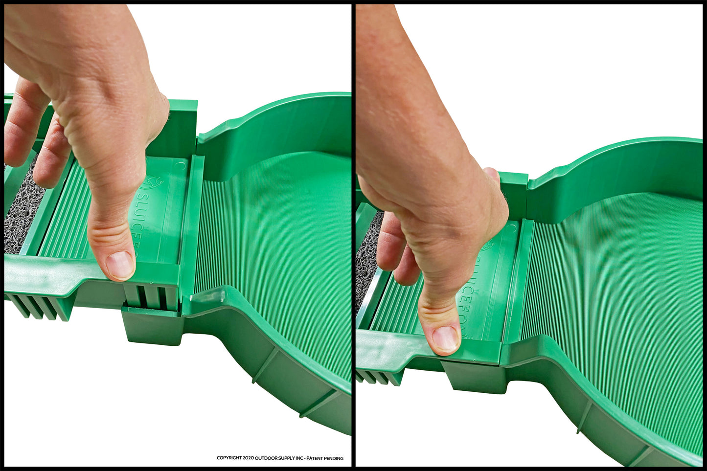 Sluice Fox 36 inch portable sluice box for gold prospecting; Gold classifier mount at sluice box header. Backpack sluice box with pay dirt bucket sifter