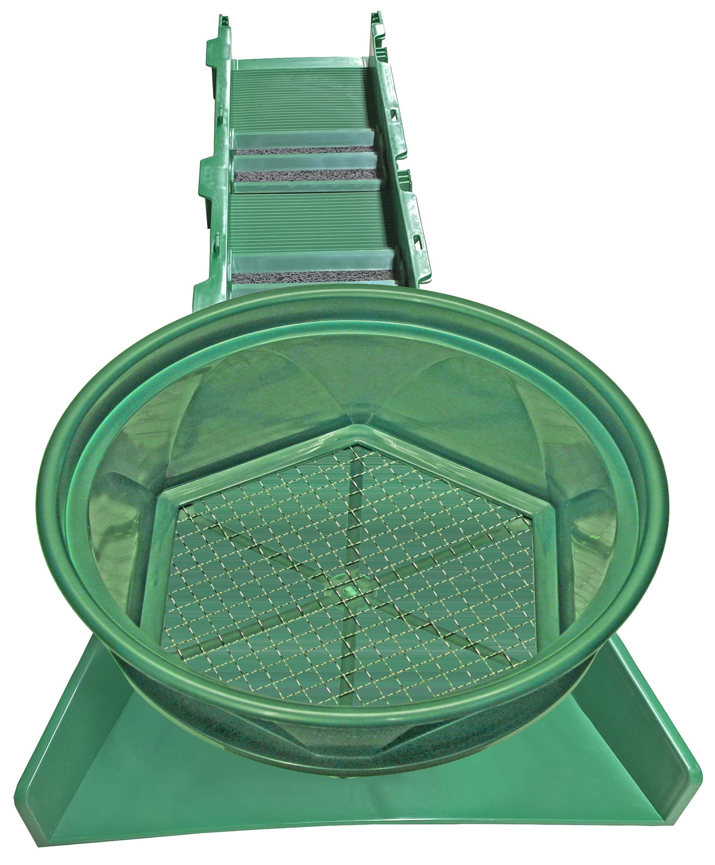 Sluice Fox 36 inch portable sluice box for gold prospecting; Gold classifier mount at sluice box header. Backpack sluice box with pay dirt bucket sifter