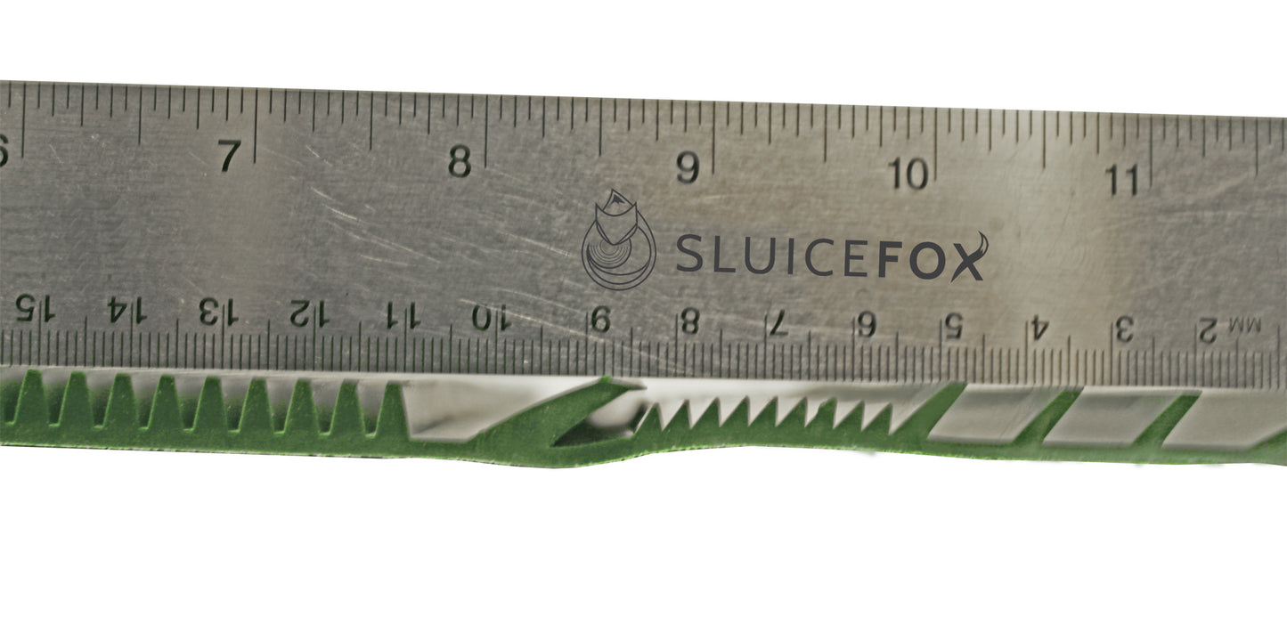 Sluice box matting with rubber riffles; gold sluice mat for sluice box; gold prospecting supplies;10x27 or 12x36 inch cut to fit, green color with multiple aggressive rib patterns