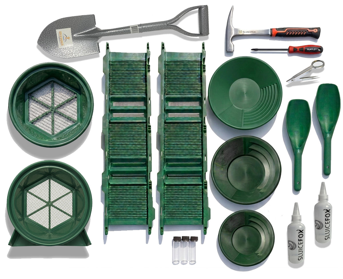 Gold Panning Kit for Serious Prospectors: Includes 31" Sluice Box, Pans, Scoop, Sniffer Bottle, and Gold Vials—Perfect for Gold Rush Adventures Green Kit with Speed Flare