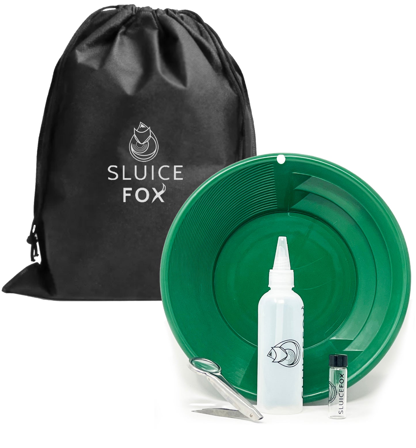 Gold panning starter kit for kids or adults; gold snifter bottle | spiral gold pan with dual riffles; basic gold prospecting kit with free drawstring carry bag