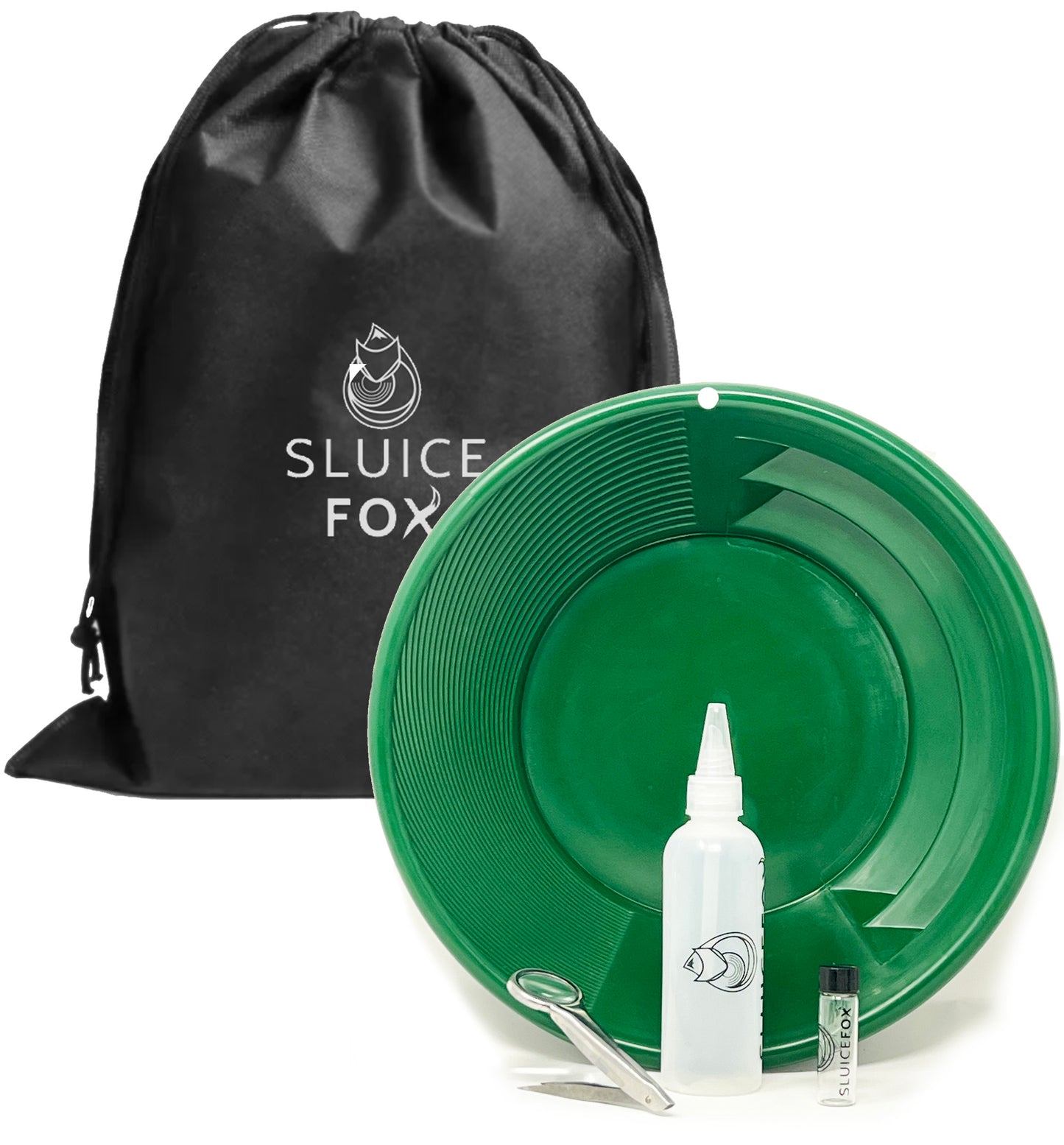 Gold panning starter kit for kids or adults; gold snifter bottle | spiral gold pan with dual riffles; basic gold prospecting kit with free drawstring carry bag