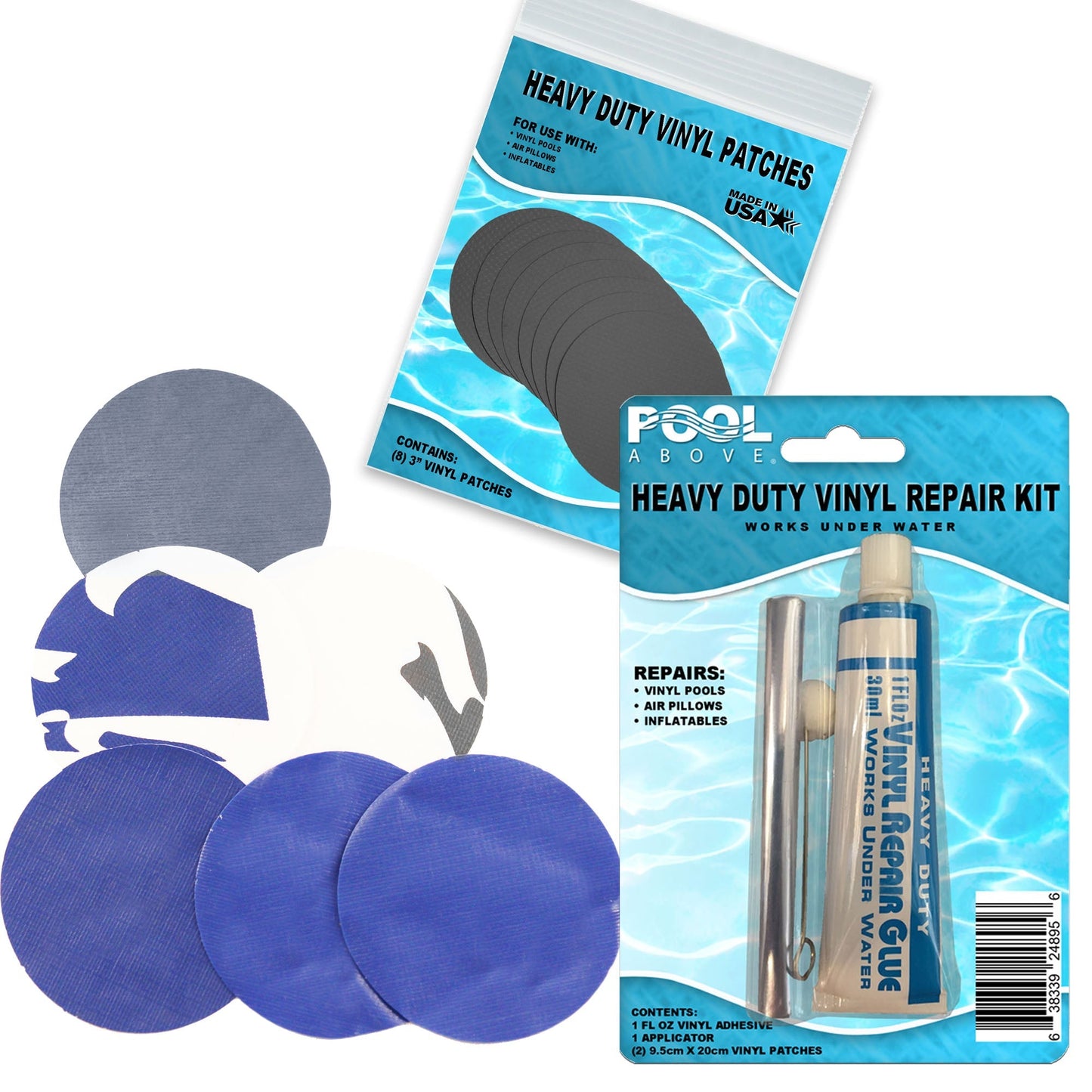 Pool Above Vinyl Repair Kit with Clear Sealant, Ideal for Inflatable River Run Tube and Other Vinyl Products, Includes Blue and White Patches and Strong Vinyl Glue