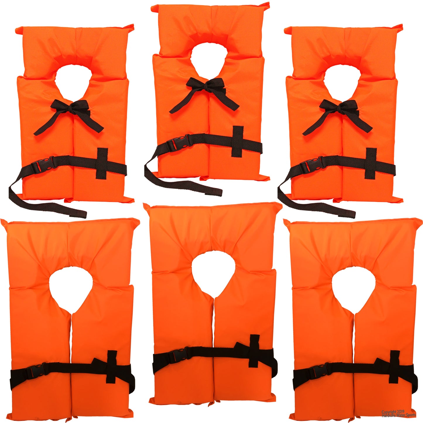 6 Pack Coast Guard approved life jackets for adults. High visibility color Type II keyhole life vest in classic May West style. Compliance flotation device