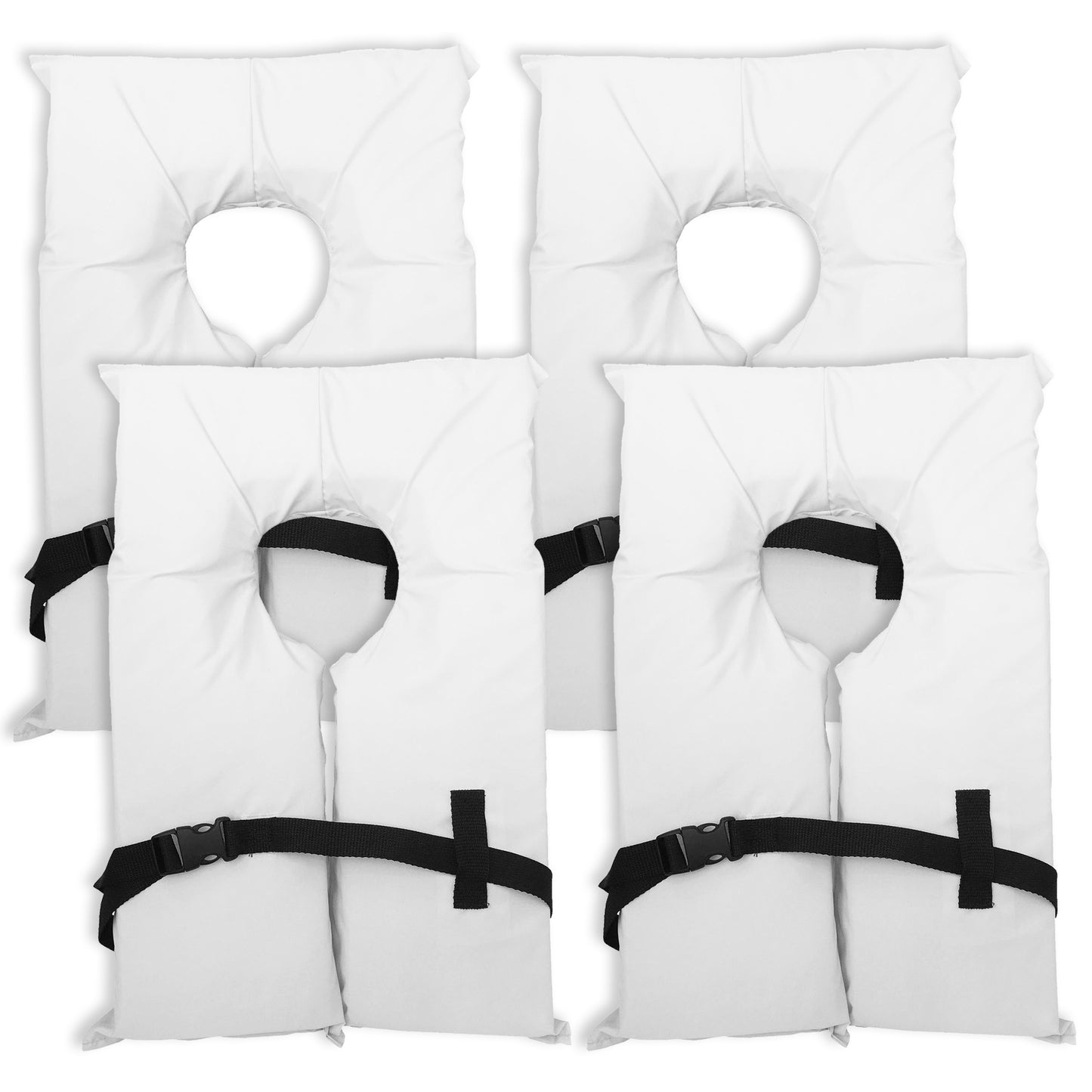 4 Pack Coast Guard approved life jackets for adults. High visibility color Type II keyhole life vest in classic May West style. Compliance flotation device