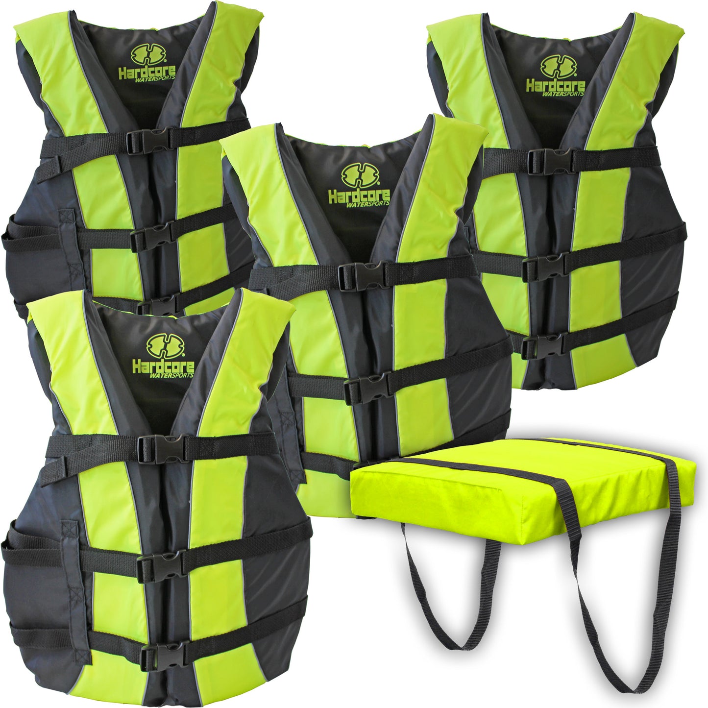 Hardcore life jacket 4 pack paddle vest for adults with Type IV Boat Cushion; Coast Guard approved Type III PFD life vest flotation device; Jet ski, wakeboard, hardshell kayak life jacket