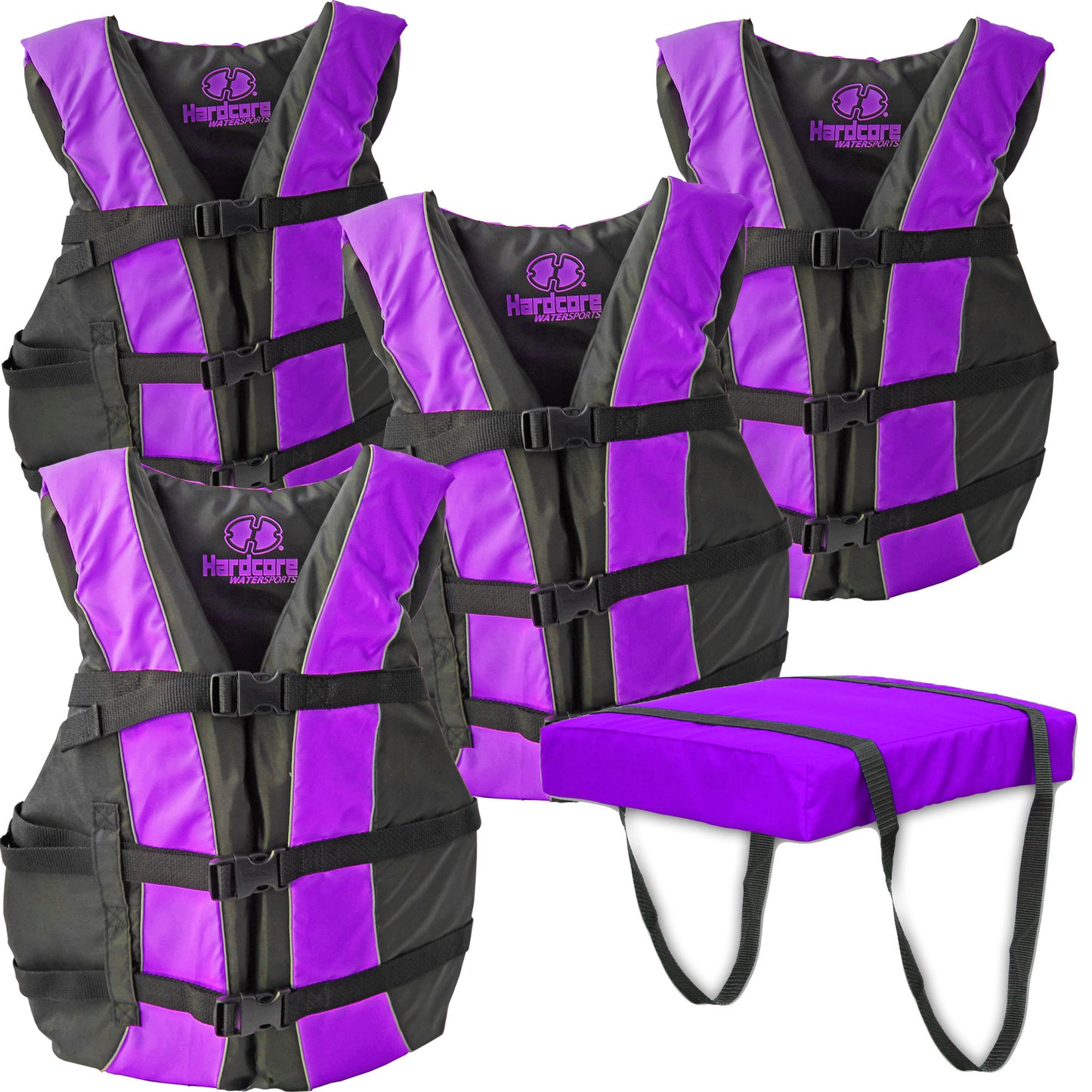 Hardcore life jacket 4 pack paddle vest for adults with Type IV Boat Cushion; Coast Guard approved Type III PFD life vest flotation device; Jet ski, wakeboard, hardshell kayak life jacket