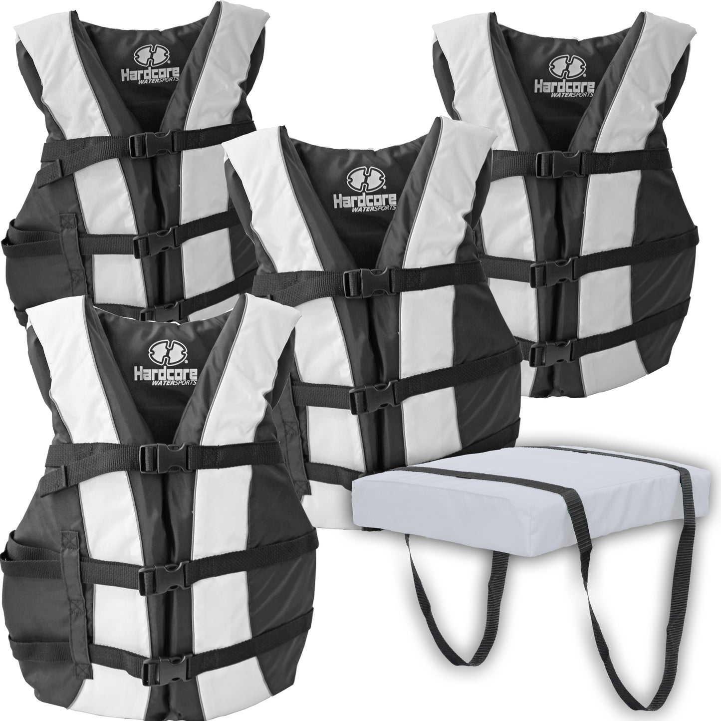 Hardcore life jacket 4 pack paddle vest for adults with Type IV Boat Cushion; Coast Guard approved Type III PFD life vest flotation device; Jet ski, wakeboard, hardshell kayak life jacket