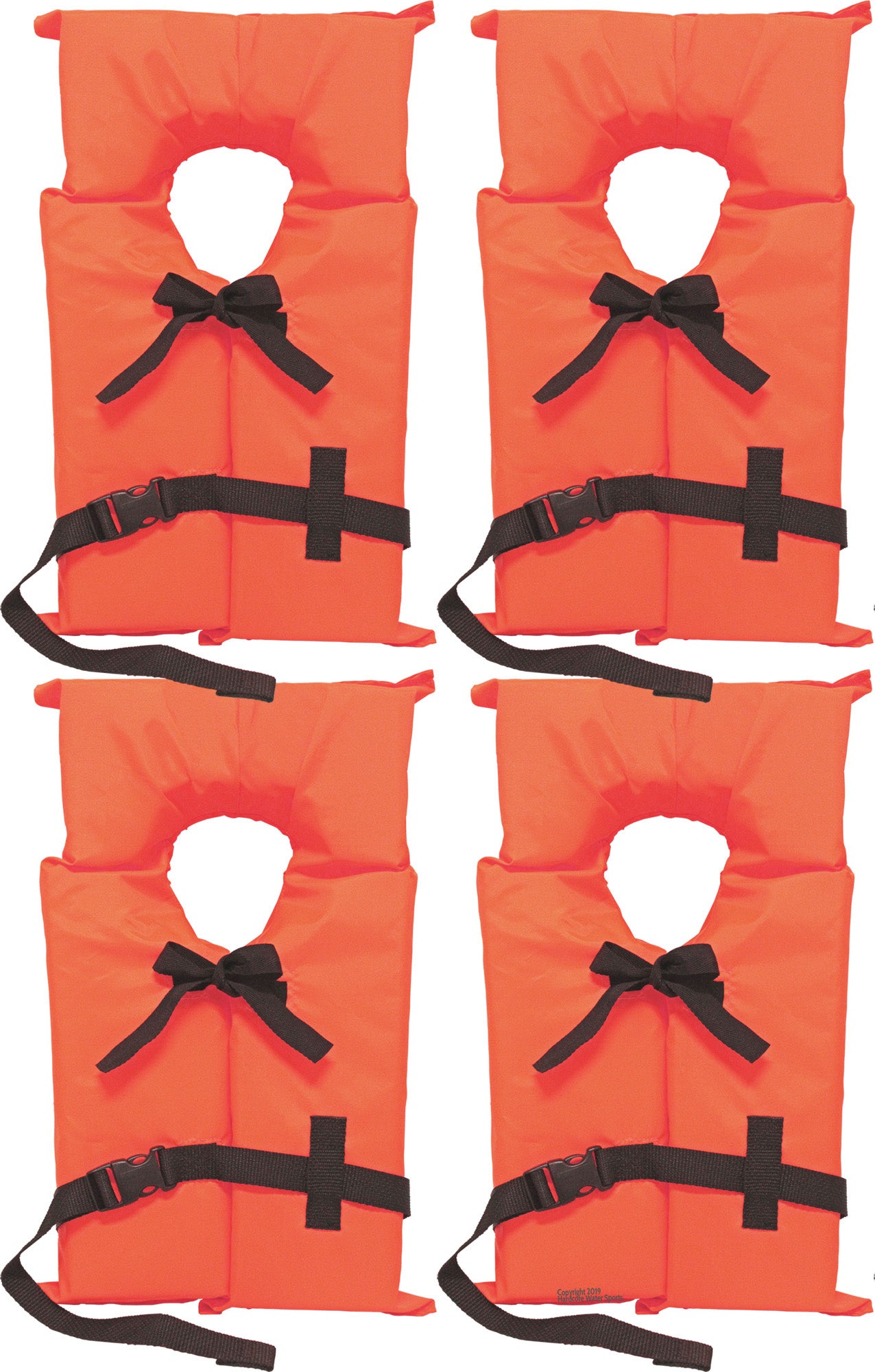 4 Pack Coast Guard approved life jackets for adults. High visibility color Type II keyhole life vest in classic May West style. Compliance flotation device