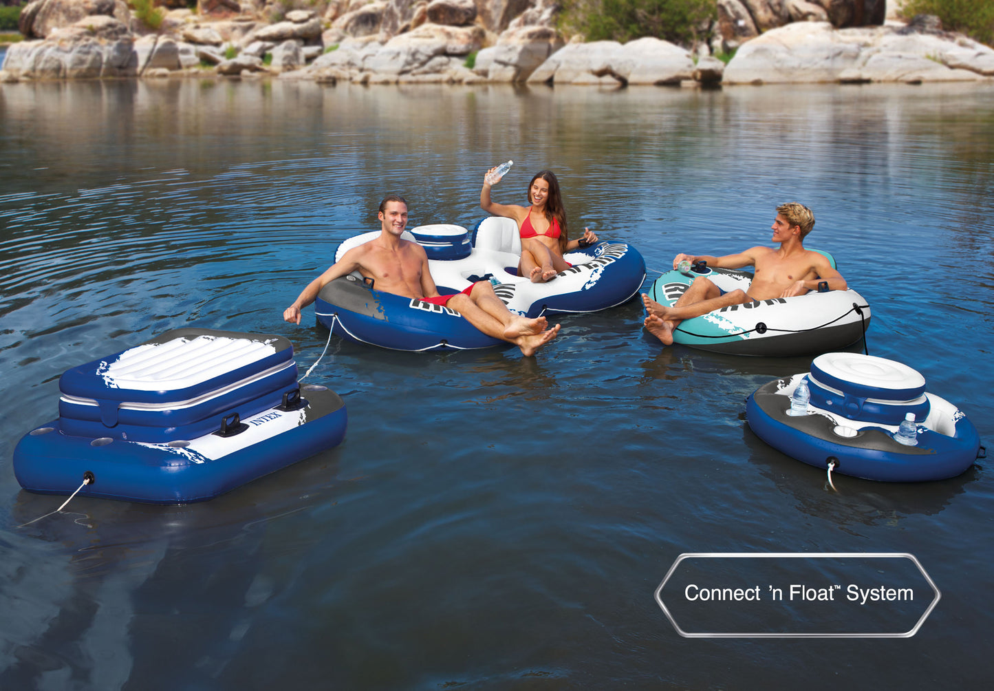 Intex River Run 1 Inflatable Floating Lounge w/Backrest, Built-in Cup Holders, Grab Handles, & Grab Rope –220lb Weight Capacity, Color Varies (6 Pack)