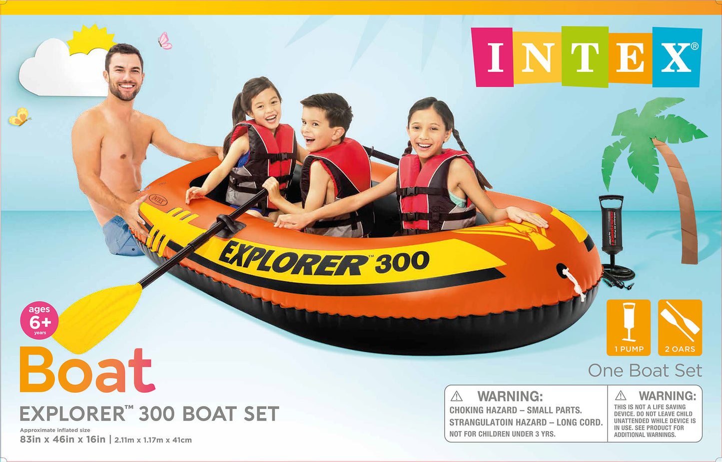 INTEX 58332EP Explorer 300 Inflatable Boat Set: Includes Deluxe Aluminum Oars and Mini Hand-Pump – 3-Person – Dual Air Chambers – Grab Rope – 410lb Weight Capacity