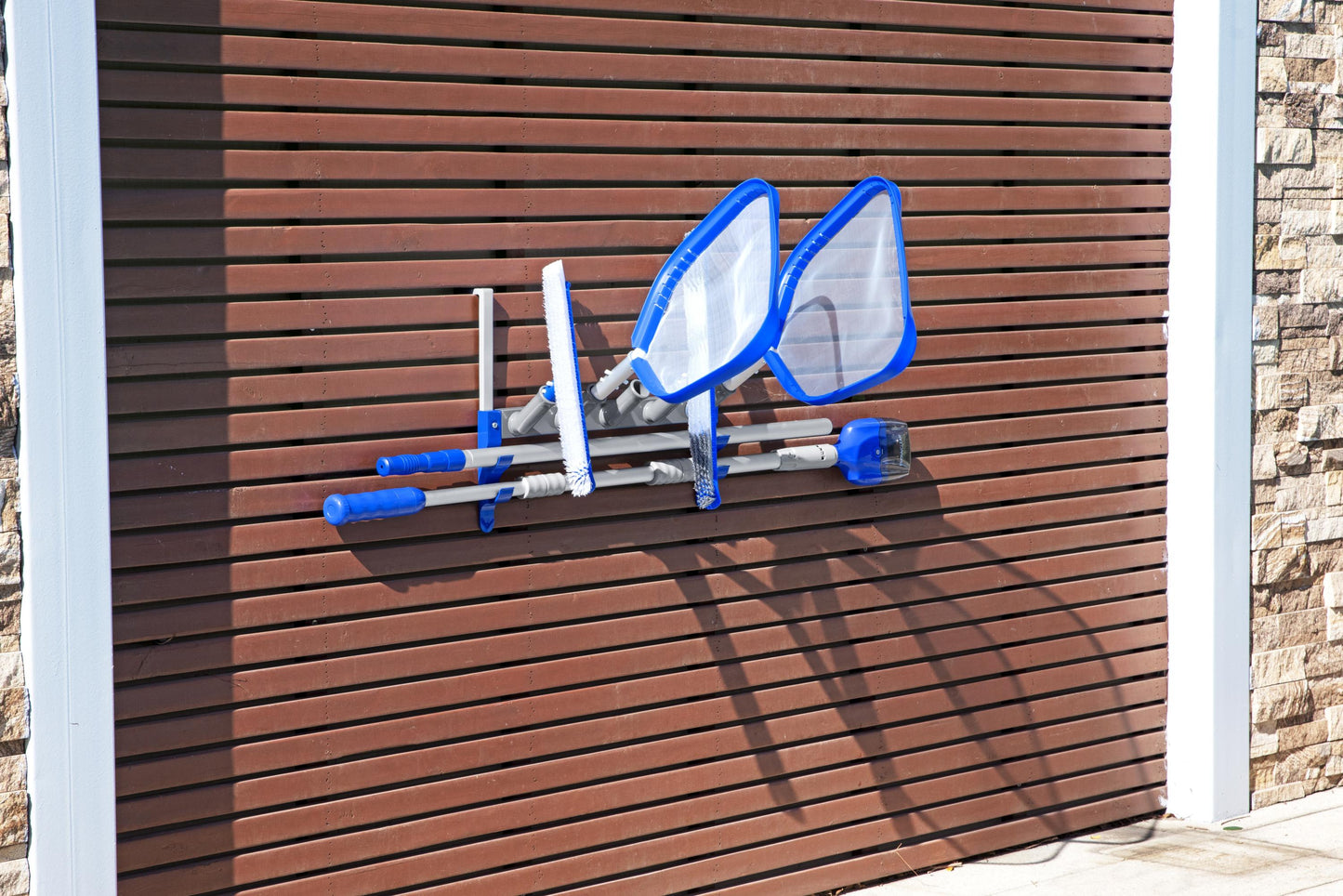 Bestway Flowclear StorePro Wall or Fence Mounted Swimming Pool Accessory and Maintenance Equipment Organizer Unit with Hooks, Strap, and Setup Kit