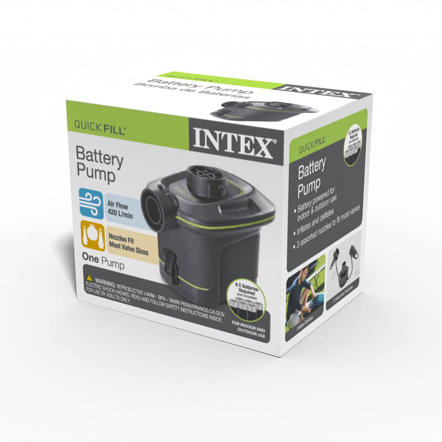 INTEX 66638E QuickFill Battery Pump: Inflates and Deflates Air Mattresses, Kayaks, Boats – Includes 3 Interrconnecting Nozzles – Sleek and Compact Design – 420 L/Min Air Flow – Indoor and Outdoor Use