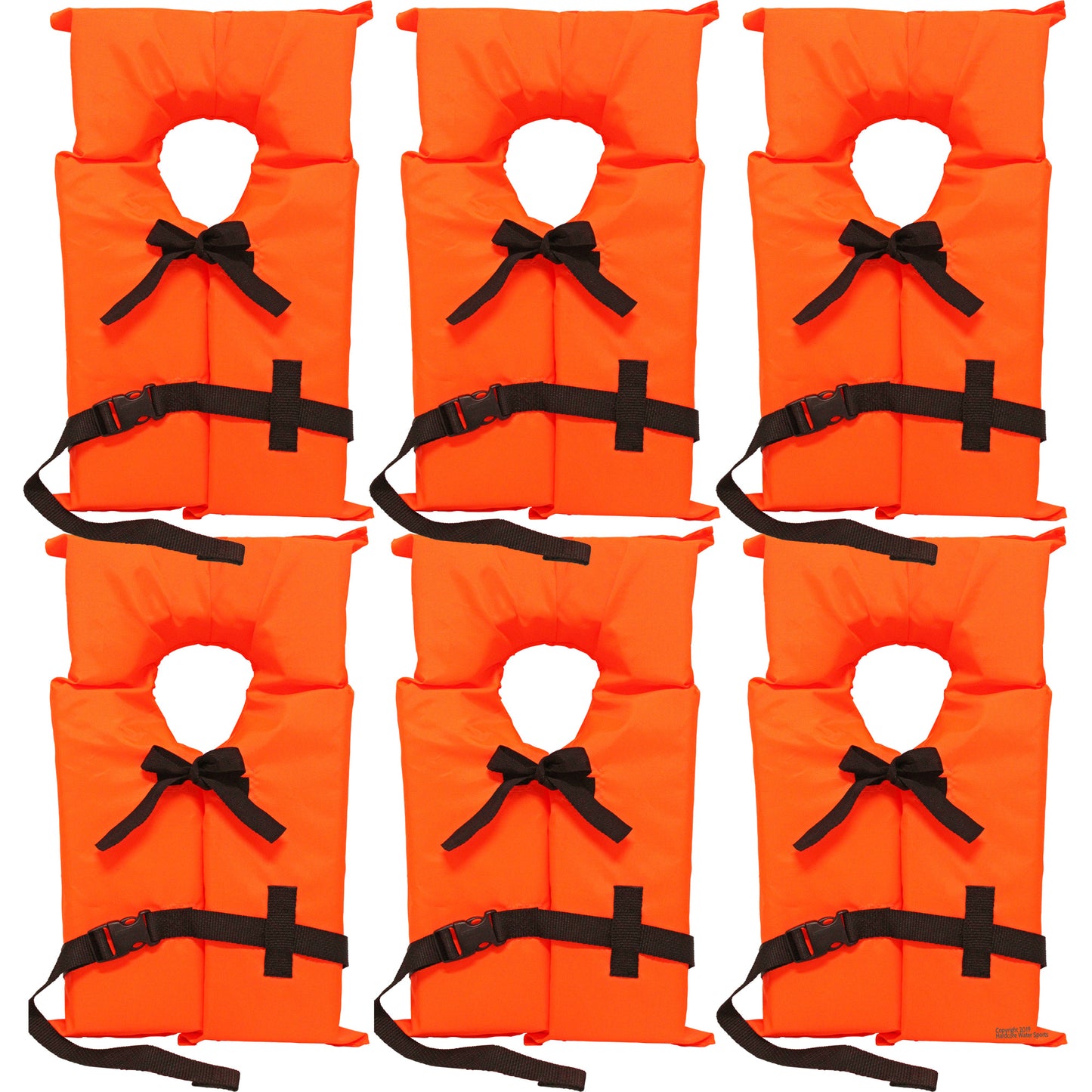 6 Pack Coast Guard approved life jackets for adults. High visibility color Type II keyhole life vest in classic May West style. Compliance flotation device