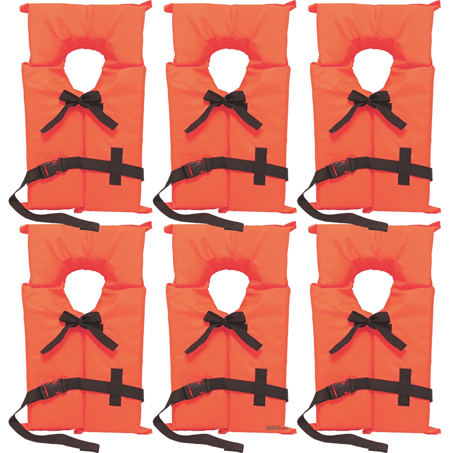 6 Pack Coast Guard approved life jackets for adults. High visibility color Type II keyhole life vest in classic May West style. Compliance flotation device