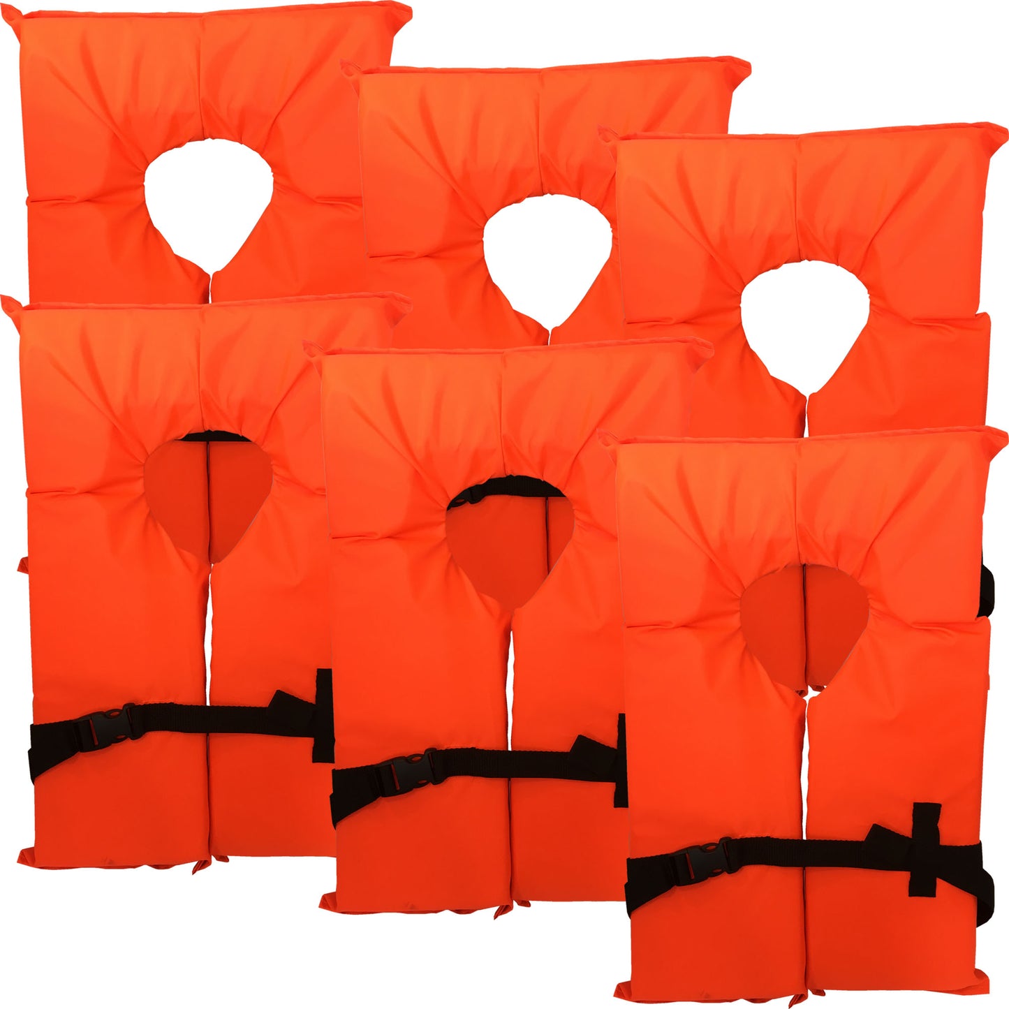 6 Pack Coast Guard approved life jackets for adults. High visibility color Type II keyhole life vest in classic May West style. Compliance flotation device