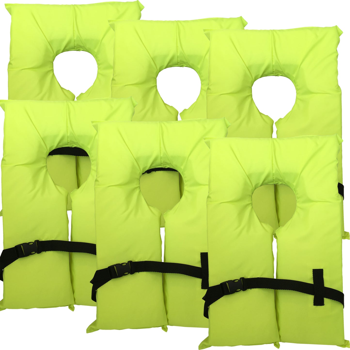 6 Pack Coast Guard approved life jackets for adults. High visibility color Type II keyhole life vest in classic May West style. Compliance flotation device