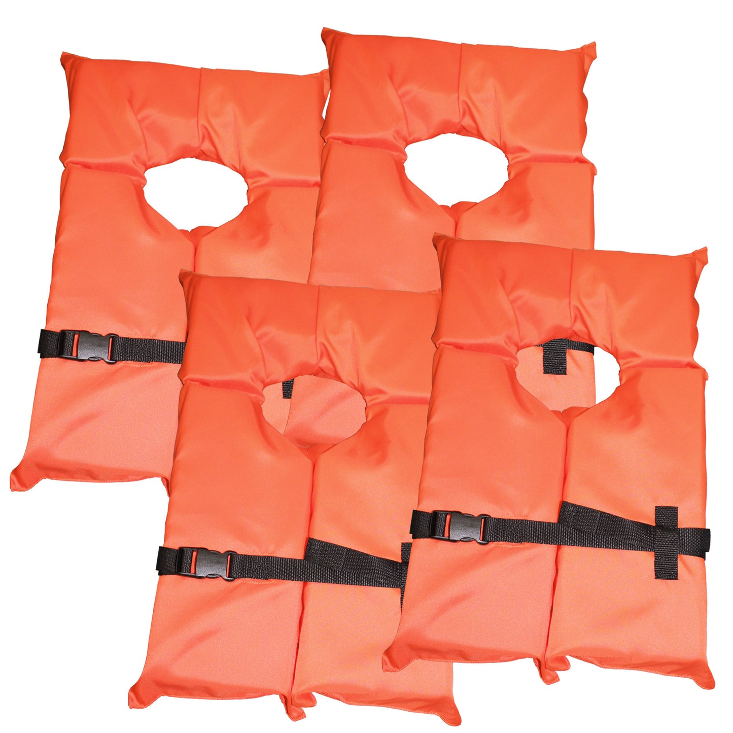4 Pack Coast Guard approved life jackets for adults. High visibility color Type II keyhole life vest in classic May West style. Compliance flotation device