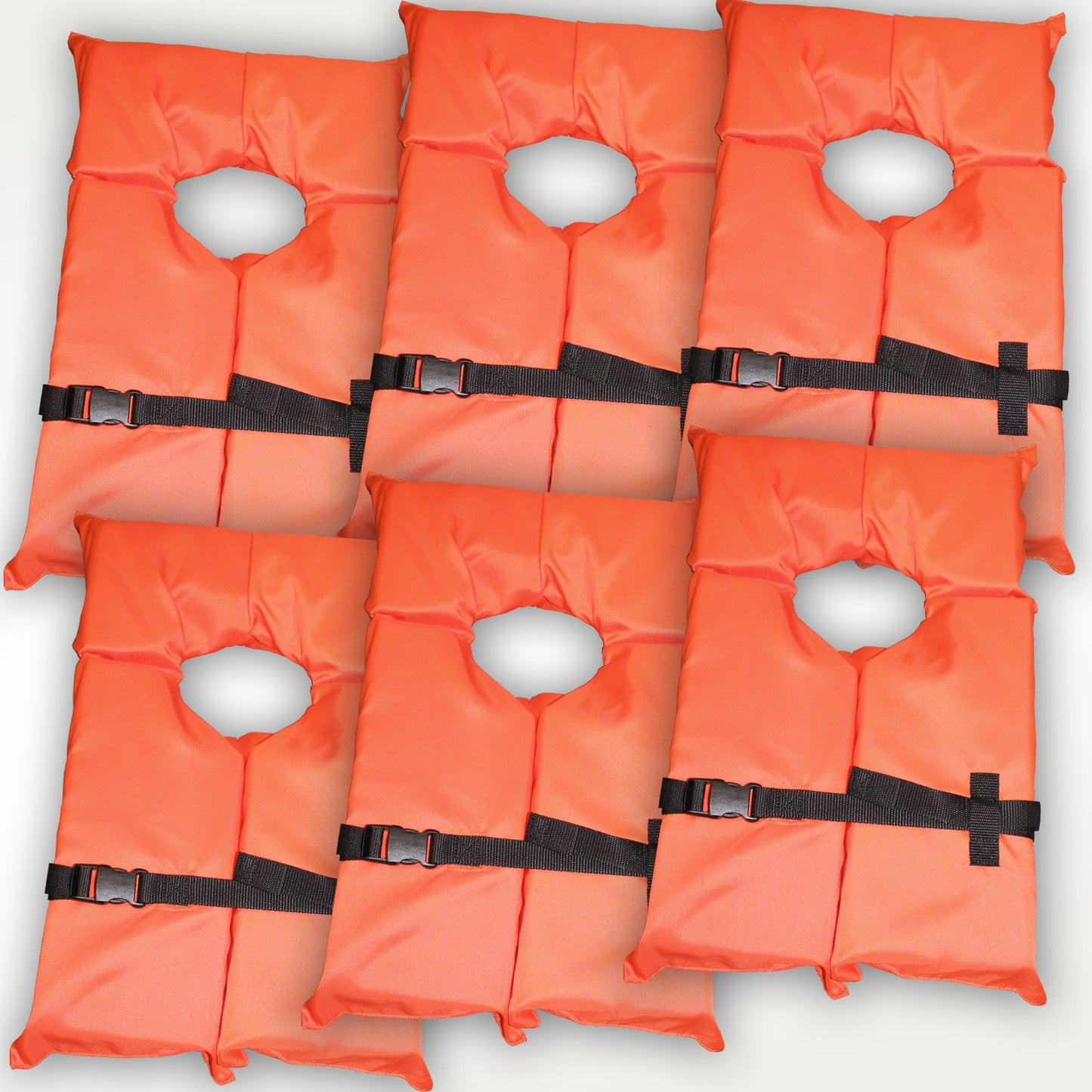 6 Pack Coast Guard approved life jackets for adults. High visibility color Type II keyhole life vest in classic May West style. Compliance flotation device