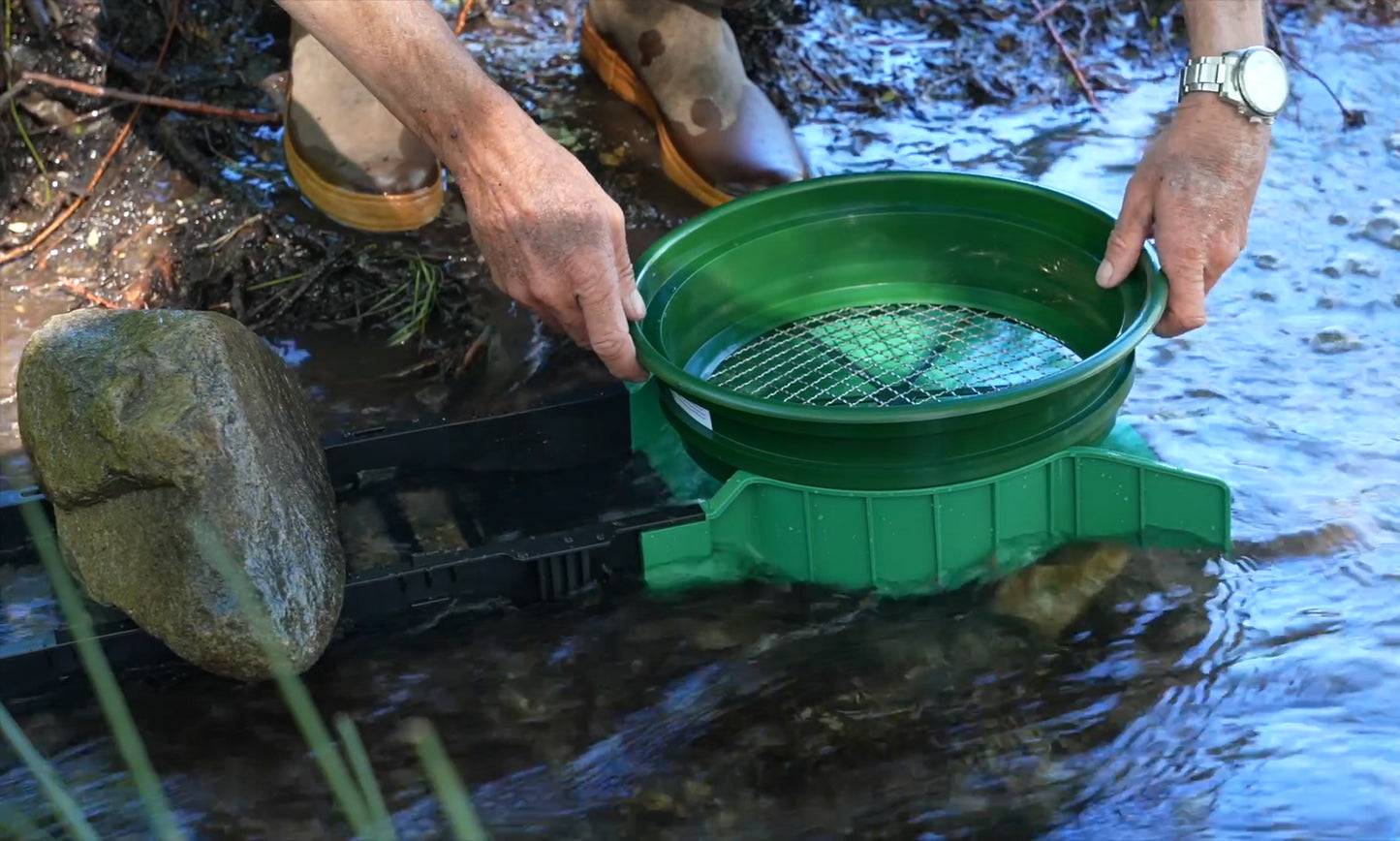 Sluice Fox 36 inch portable sluice box for gold prospecting; Gold classifier mount at sluice box header. Backpack sluice box with pay dirt bucket sifter