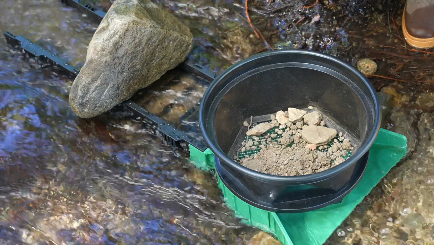 Sluice Fox 36 inch portable sluice box for gold prospecting; Gold classifier mount at sluice box header. Backpack sluice box with pay dirt bucket sifter