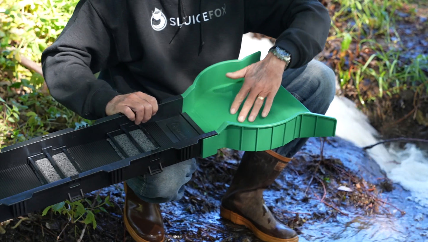 Sluice Fox 36 inch Portable Sluice Box for Gold Prospecting; Gold Classifier Mount at Sluice Box Header. Backpack Sluice Box with Pay Dirt Bucket Sifter