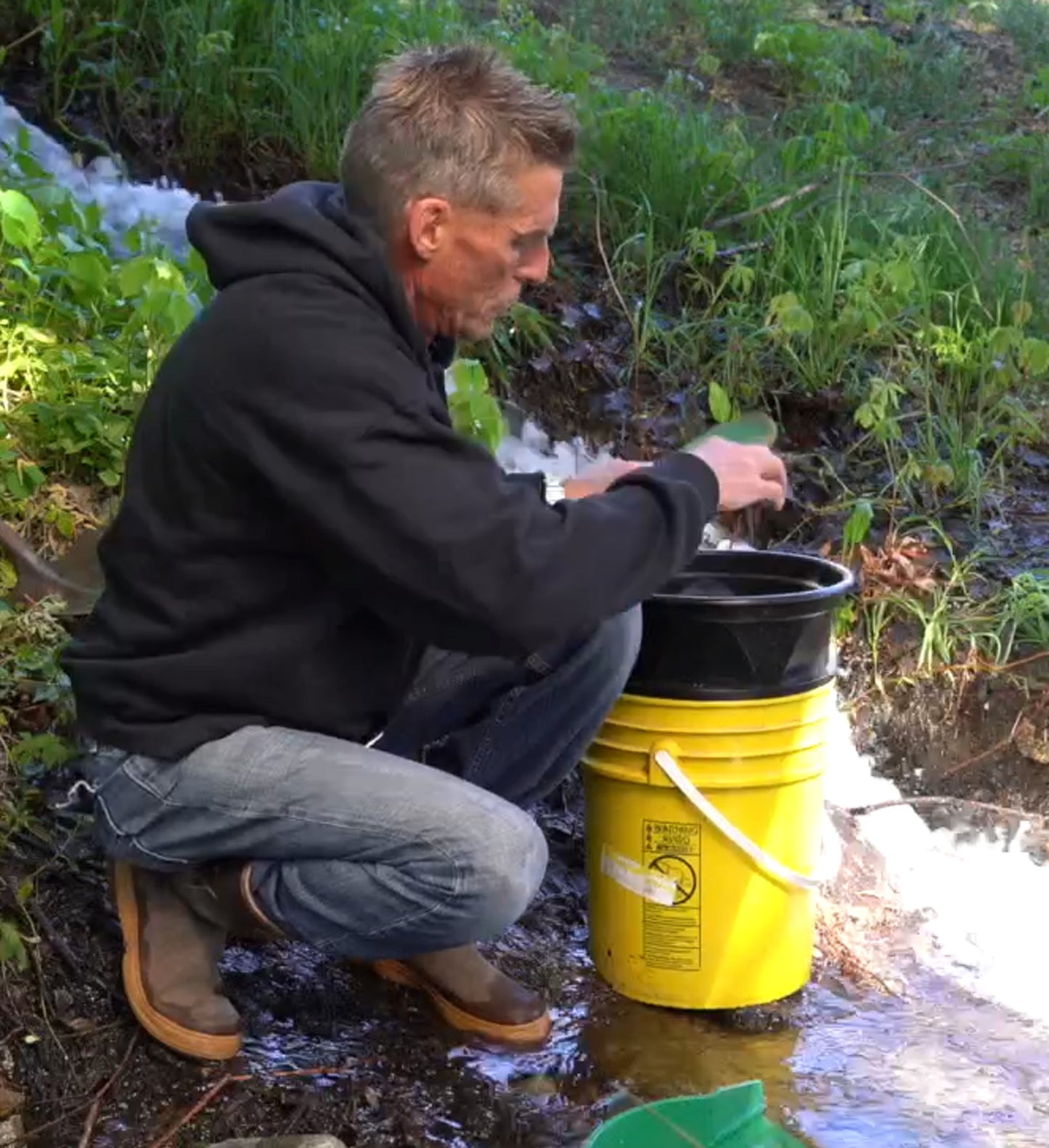 Sluice Fox 36 inch portable sluice box for gold prospecting; Gold classifier mount at sluice box header. Backpack sluice box with pay dirt bucket sifter