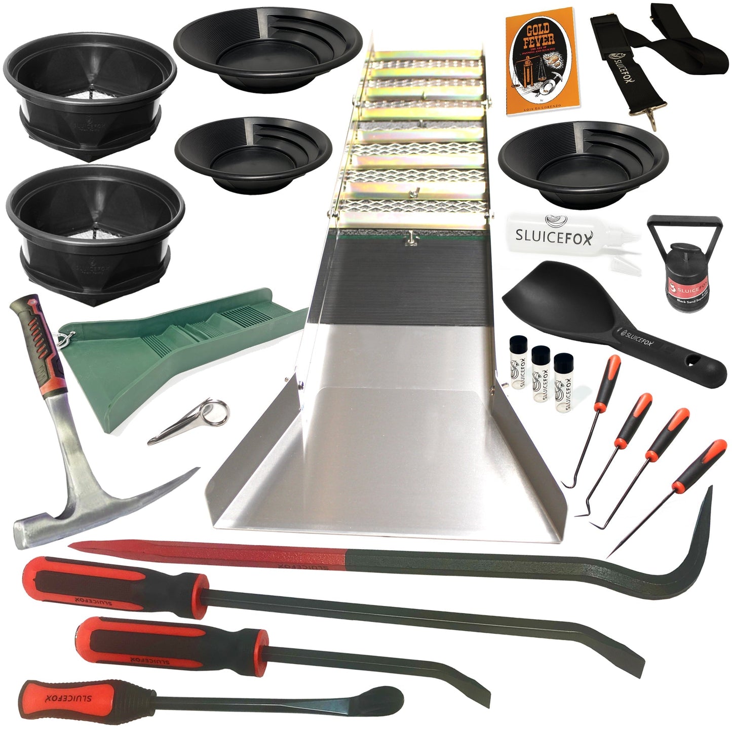 Complete Gold Mining Kit; Folding 50 inch Gold Sluice Box; Gold Prospecting Equipment; Rock Pick Hammer; Gold Classifiers; Pay Dirt Scoop; Crevice Tools and more