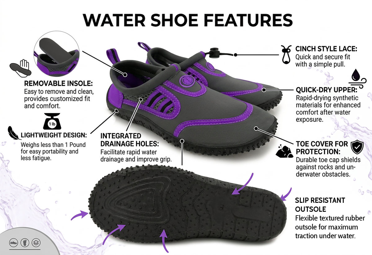 Hardcore womens water shoes; Quick drying aqua socks for barefoot running, swimming, poolside fun  at the water park, camping, yoga or surfing at the beach