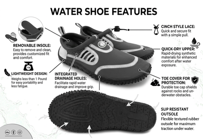 Hardcore Mens Water Shoes; Quick Drying Aqua Socks for Barefoot Running, Swimming, Poolside Fun at The Water Park, Camping, Yoga or Surfing at The Beach
