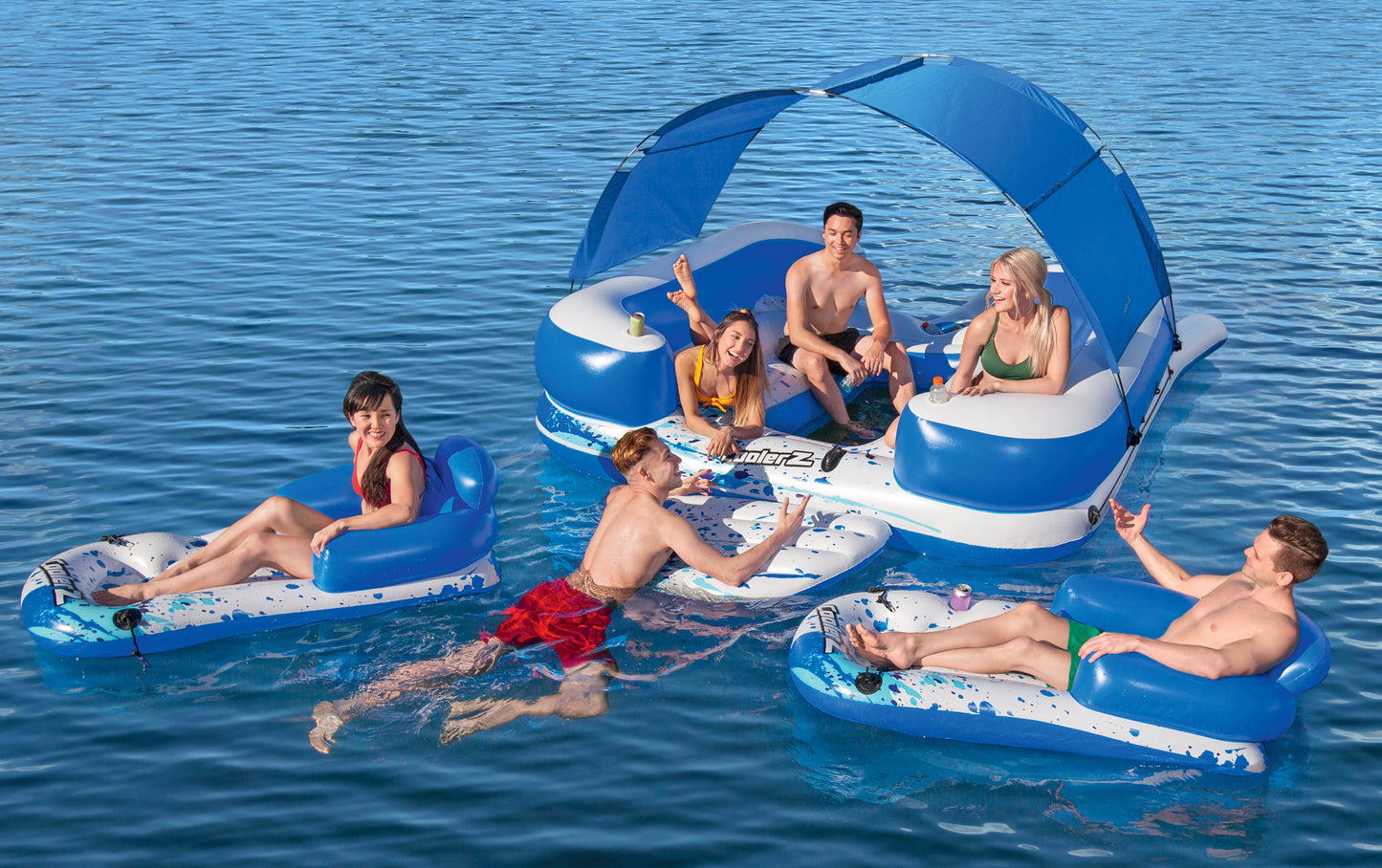 CoolerZ Tropical Breeze III Inflatable 8-Person Floating Island with UV Sun Shade and Connecting Lounge Rafts