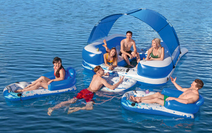 CoolerZ Tropical Breeze III Inflatable 8-Person Floating Island with UV Sun Shade and Connecting Lounge Rafts