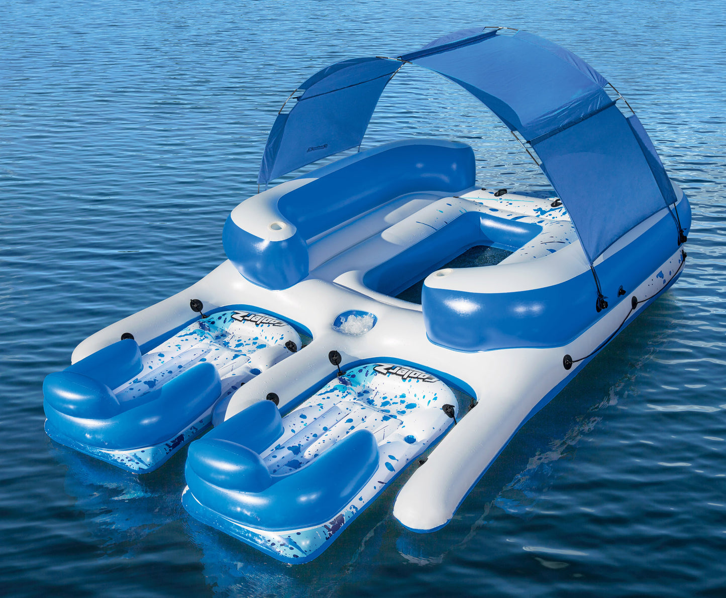 CoolerZ Tropical Breeze III Inflatable 8-Person Floating Island with UV Sun Shade and Connecting Lounge Rafts