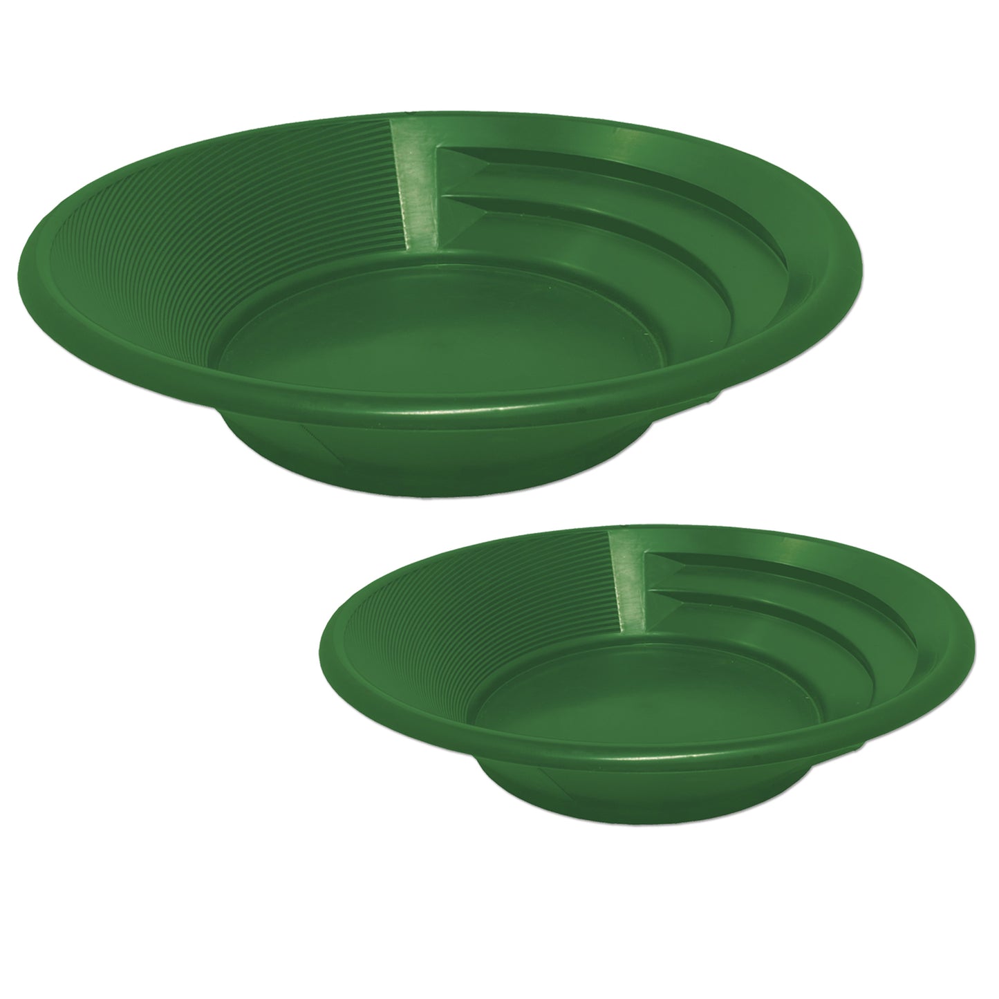 Set of 2 Large Nesting Gold Pans in 11 inch and 15 inch diameter; Sluice Fox patented spiral riffle gold pan; dual riffle spiral gold pans; plato para buscar oro