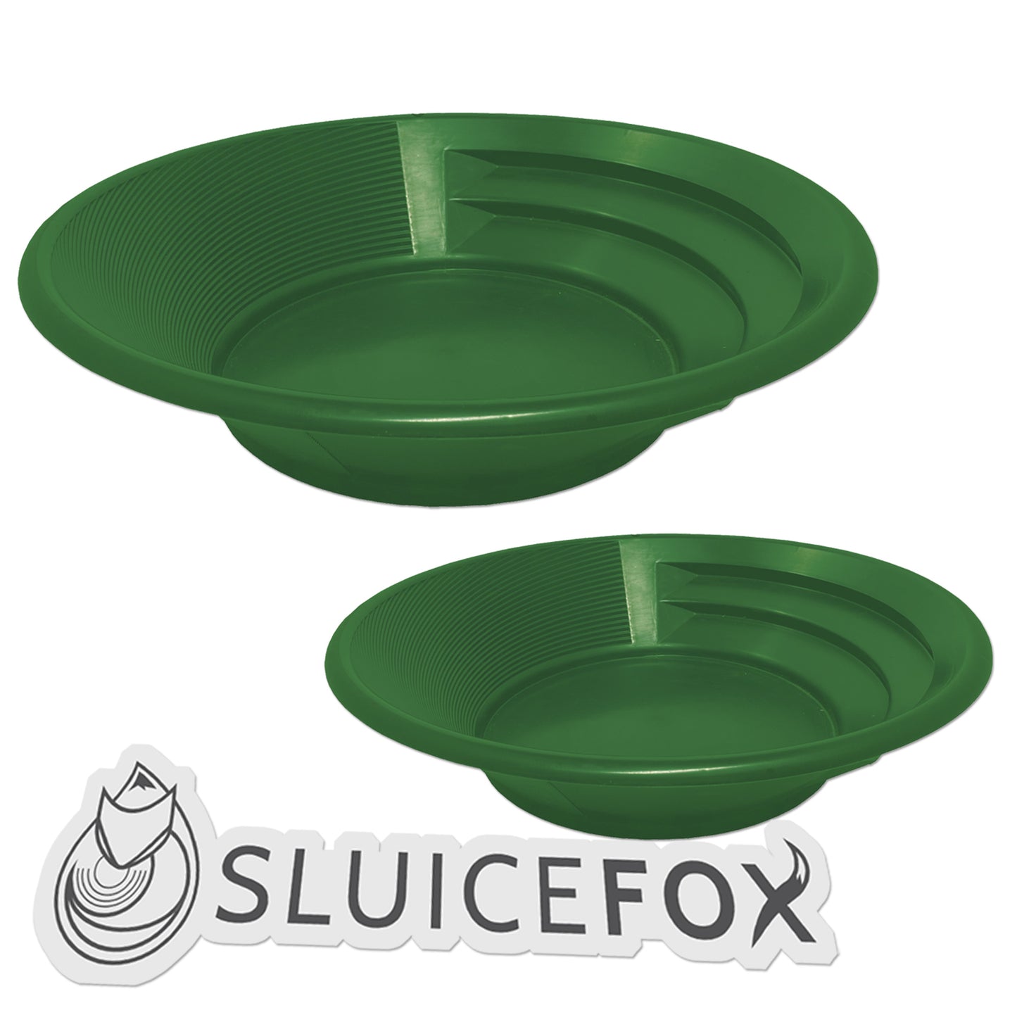 Set of 2 Large Nesting Gold Pans in 11 inch and 15 inch diameter; Sluice Fox patented spiral riffle gold pan; dual riffle spiral gold pans; plato para buscar oro