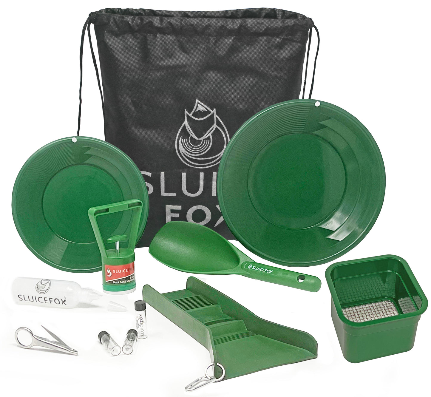Compact Gold Prospecting Kit with 12" Pocket Sluice Box – Includes Miner’s Moss, Gold Trap Mat, Classifier Pan, Vials, and Tote Backpack