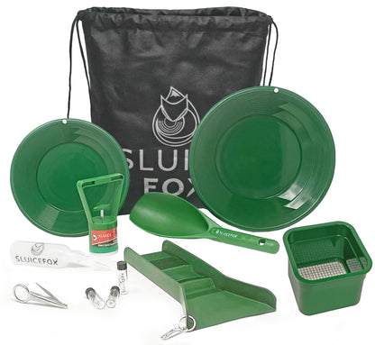 Compact Gold Prospecting Kit with 12" Pocket Sluice Box – Includes Miner’s Moss, Gold Trap Mat, Classifier Pan, Vials, and Tote Backpack
