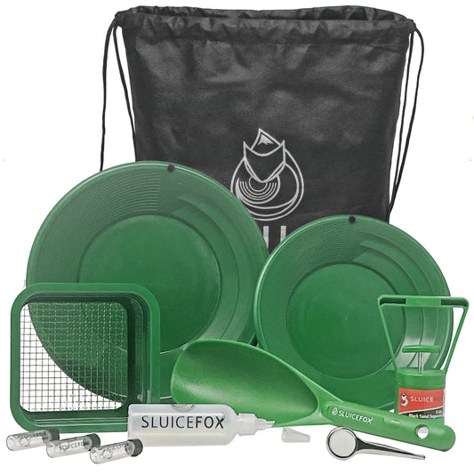 Sluice Fox backpack gold prospecting kit with classifier: Two spiral gold pans, plastic gold shovel or pay dirt scoop and black sand gold separator magnet