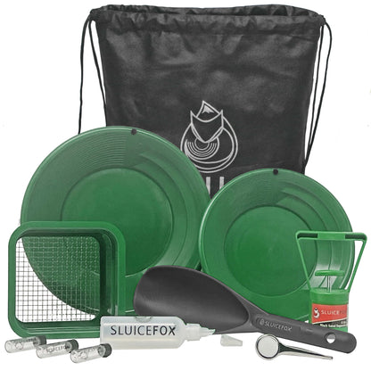 Sluice Fox backpack gold prospecting kit with classifier: Two spiral gold pans, plastic gold shovel or pay dirt scoop and black sand gold separator magnet