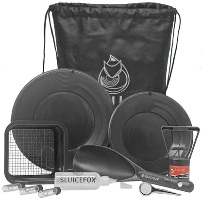 Sluice Fox backpack gold prospecting kit with classifier: Two spiral gold pans, plastic gold shovel or pay dirt scoop and black sand gold separator magnet