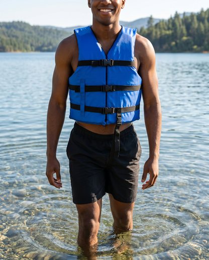 Life jacket paddle vest with Leg Strap; Coast Guard approved Type III PFD flotation device; Jet ski, wakeboard, hardshell kayak vest; Ideal extra PFD for pontoon boat Blue Adult
