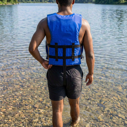Life jacket paddle vest with Leg Strap; Coast Guard approved Type III PFD flotation device; Jet ski, wakeboard, hardshell kayak vest; Ideal extra PFD for pontoon boat Blue Adult